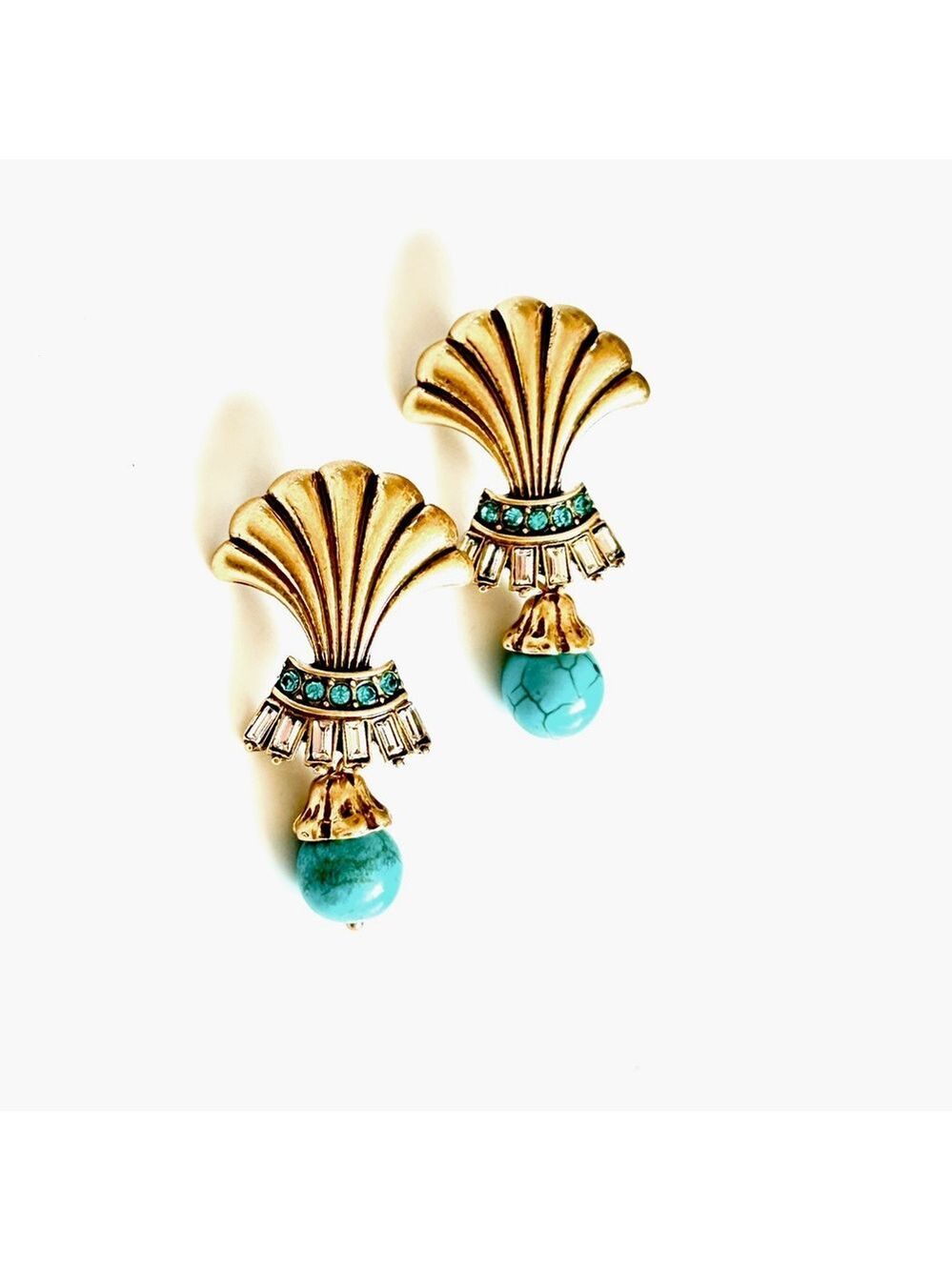 KRAMER Vintage Turquoise & Crystal Brushed Gold-Tone Shell Drop Earrings | NEW - Picture 8 of 9